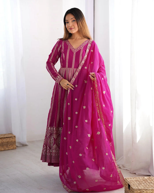 Wonderful Sequins Work Pink Color Gown