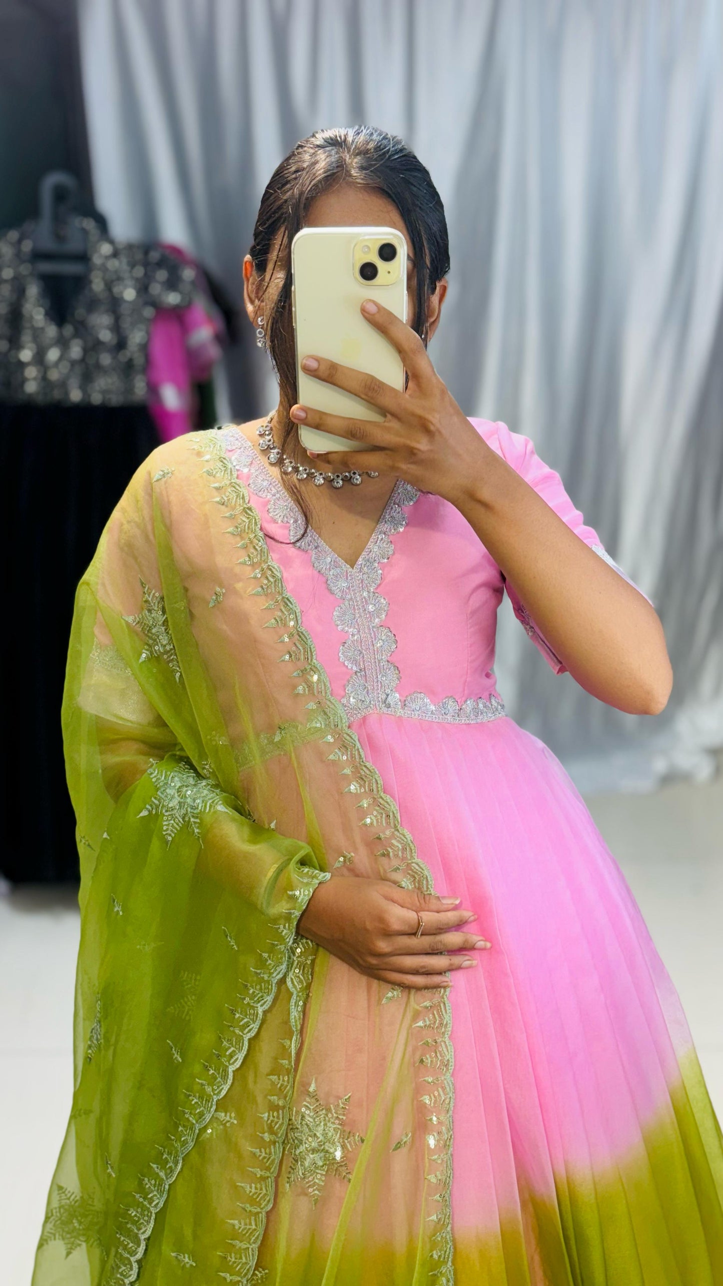 pink and green !!silver borders adding elegance paired with heavy embroidery duppta!