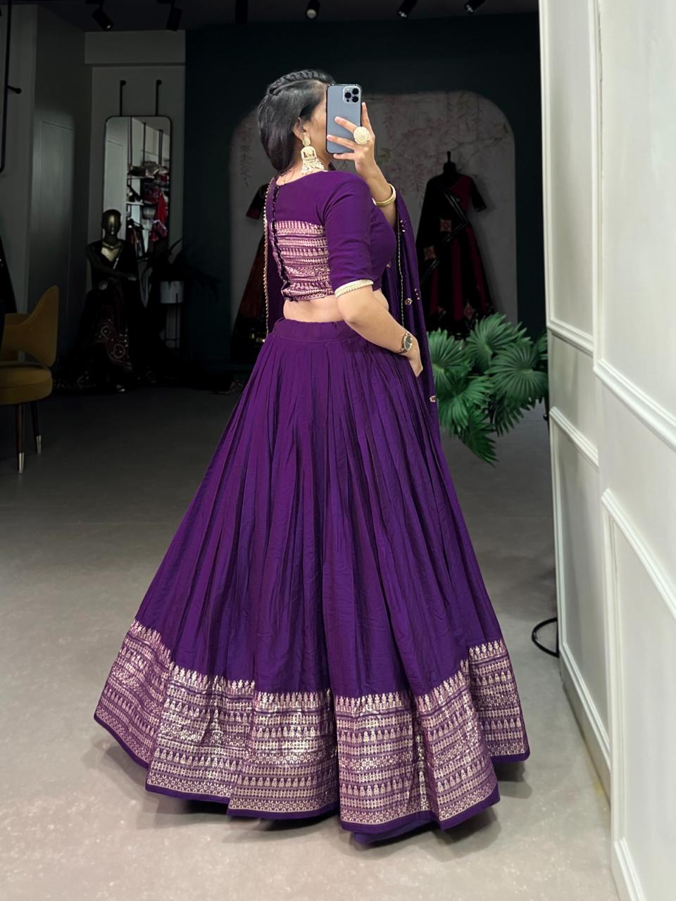 Pure Chanderi Plain Lehenga with Intricate Zari Work Border,
