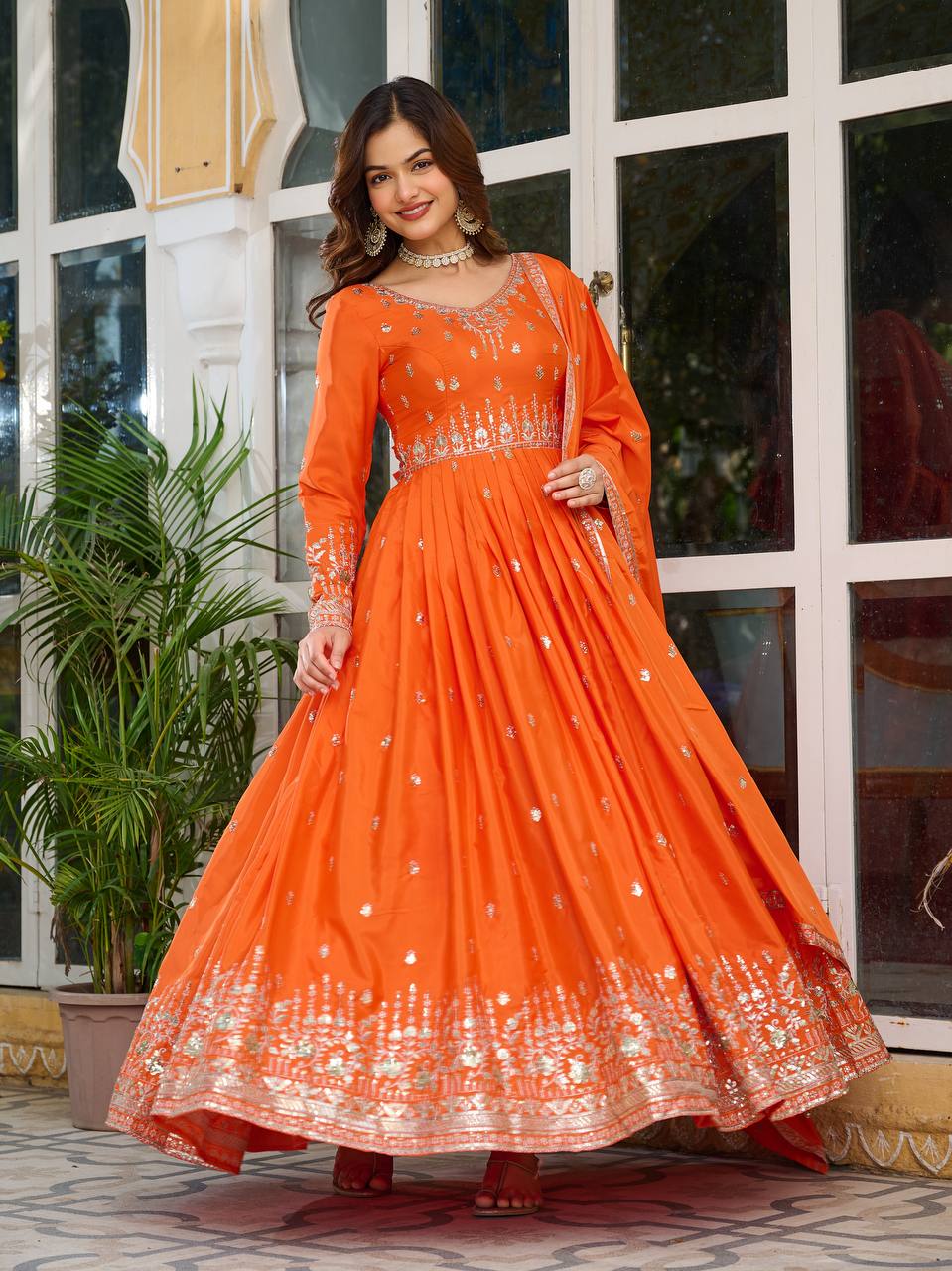Attractive Sequins Work Orange Color Gown