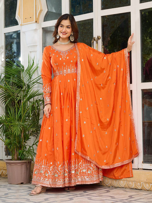 Attractive Sequins Work Orange Color Gown
