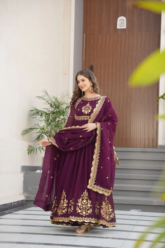 Designer Wine Gown With Embroidery Sequins Work