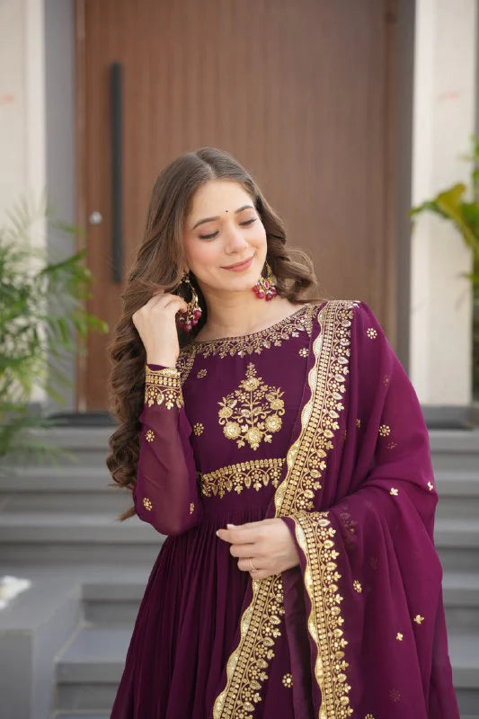 Designer Wine Gown With Embroidery Sequins Work