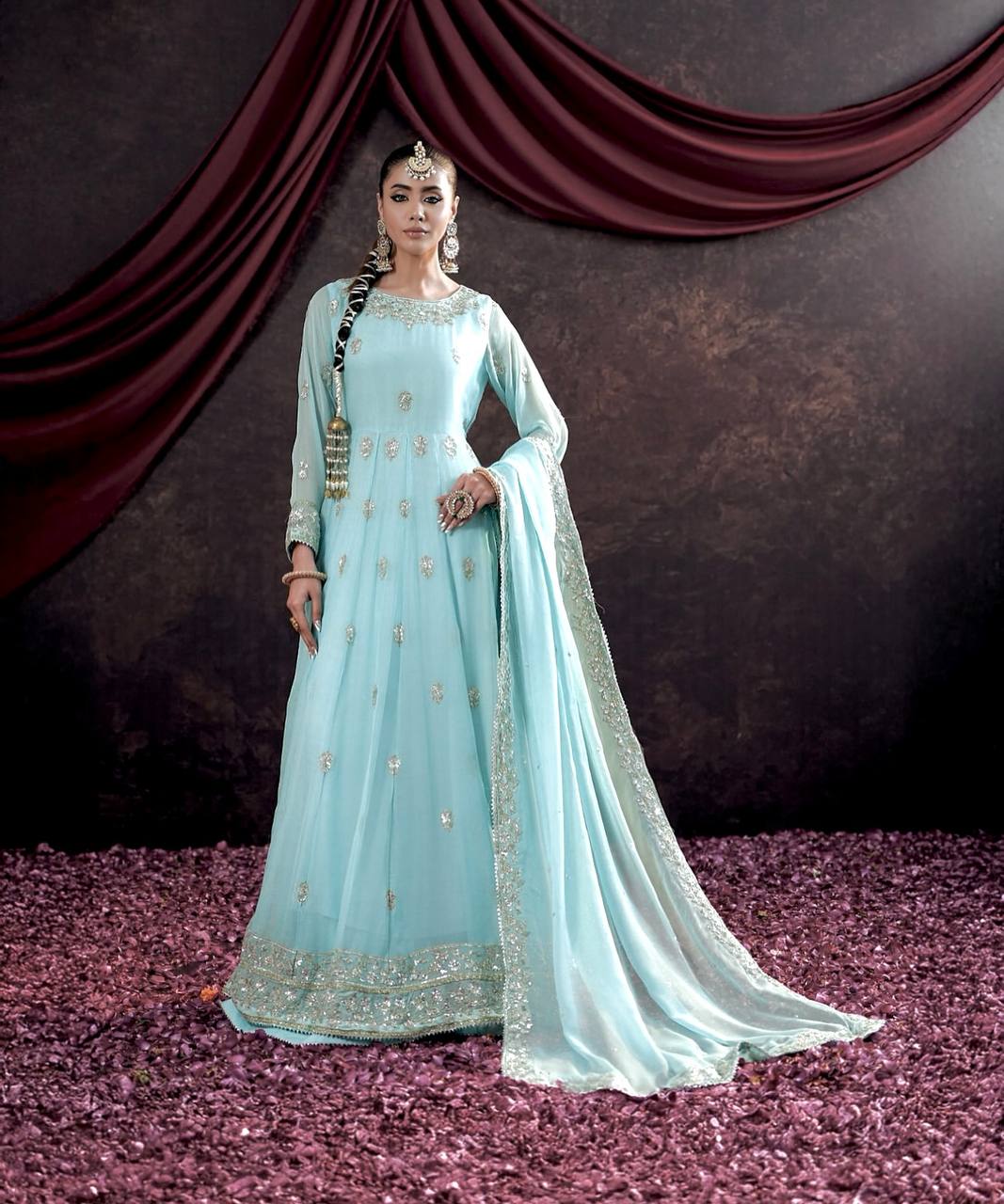 Good Looking Georgette Sequins Work Sky Blue Color Gown