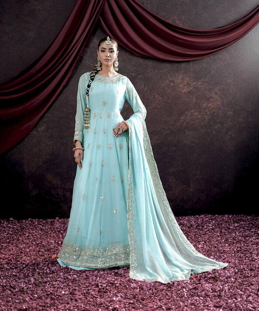 Good Looking Georgette Sequins Work Sky Blue Color Gown