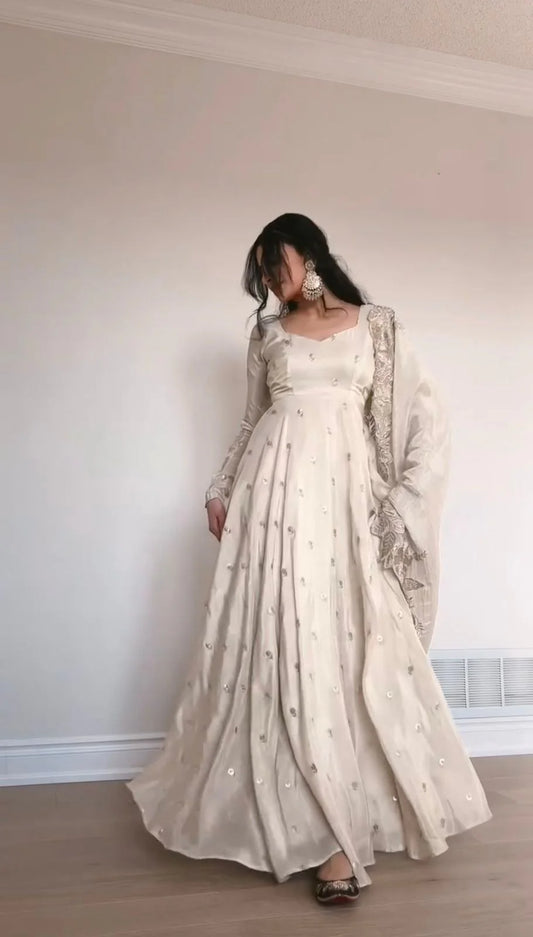 Designer Anarkali On Chinon Fabric with inner and Thread & Sequins Work and Pant