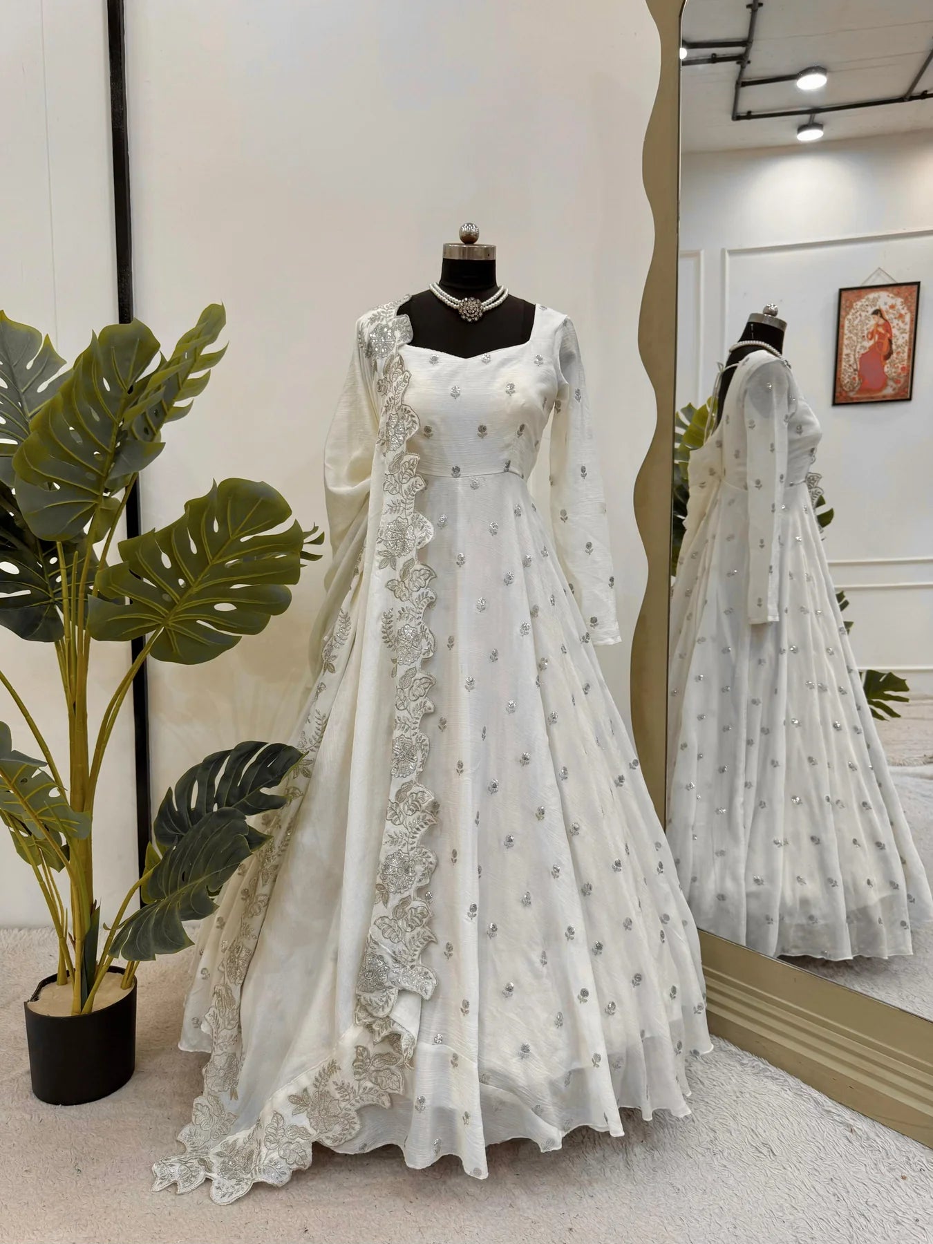 Designer Anarkali On Chinon Fabric with inner and Thread & Sequins Work and Pant
