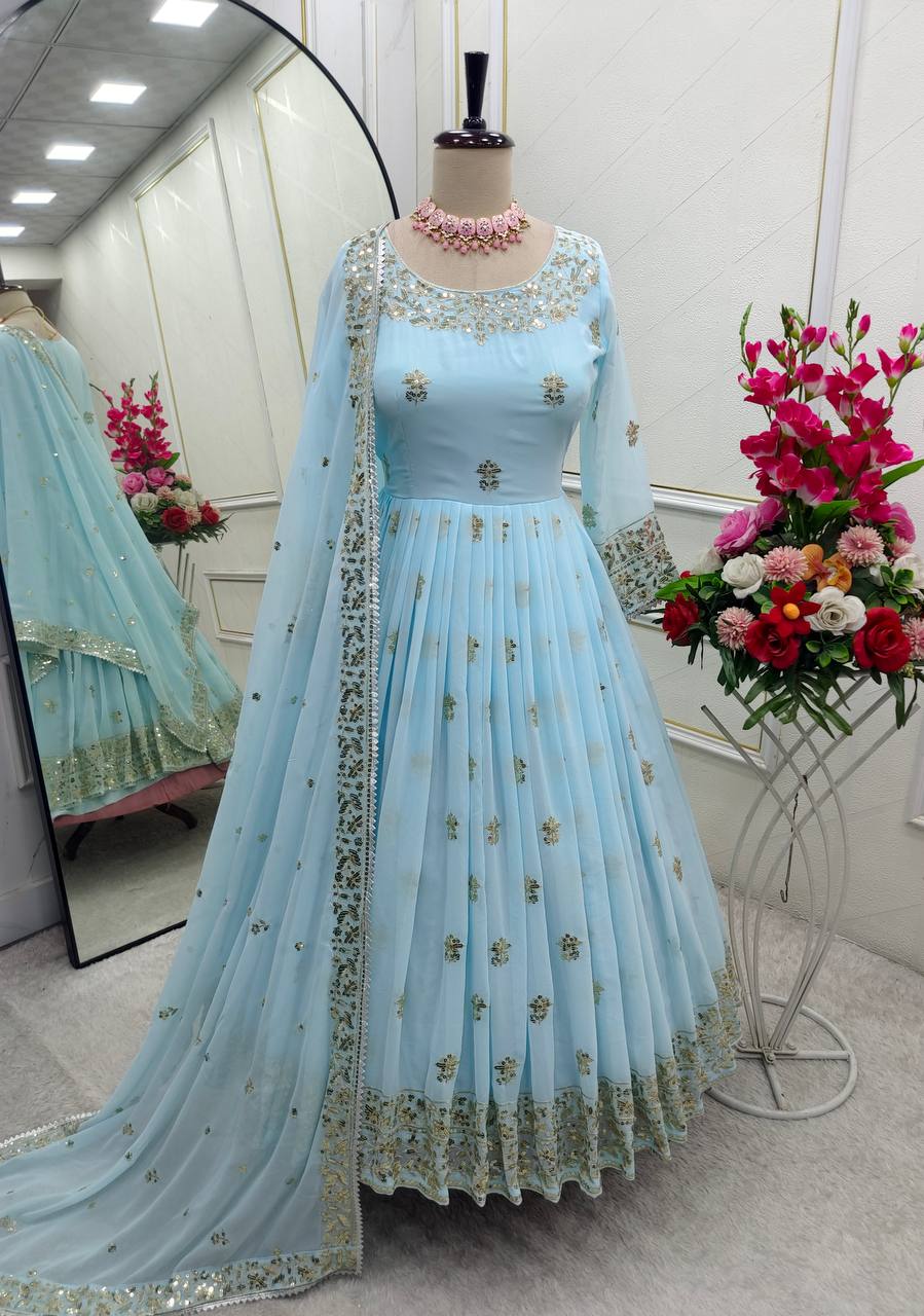Good Looking Georgette Sequins Work Sky Blue Color Gown