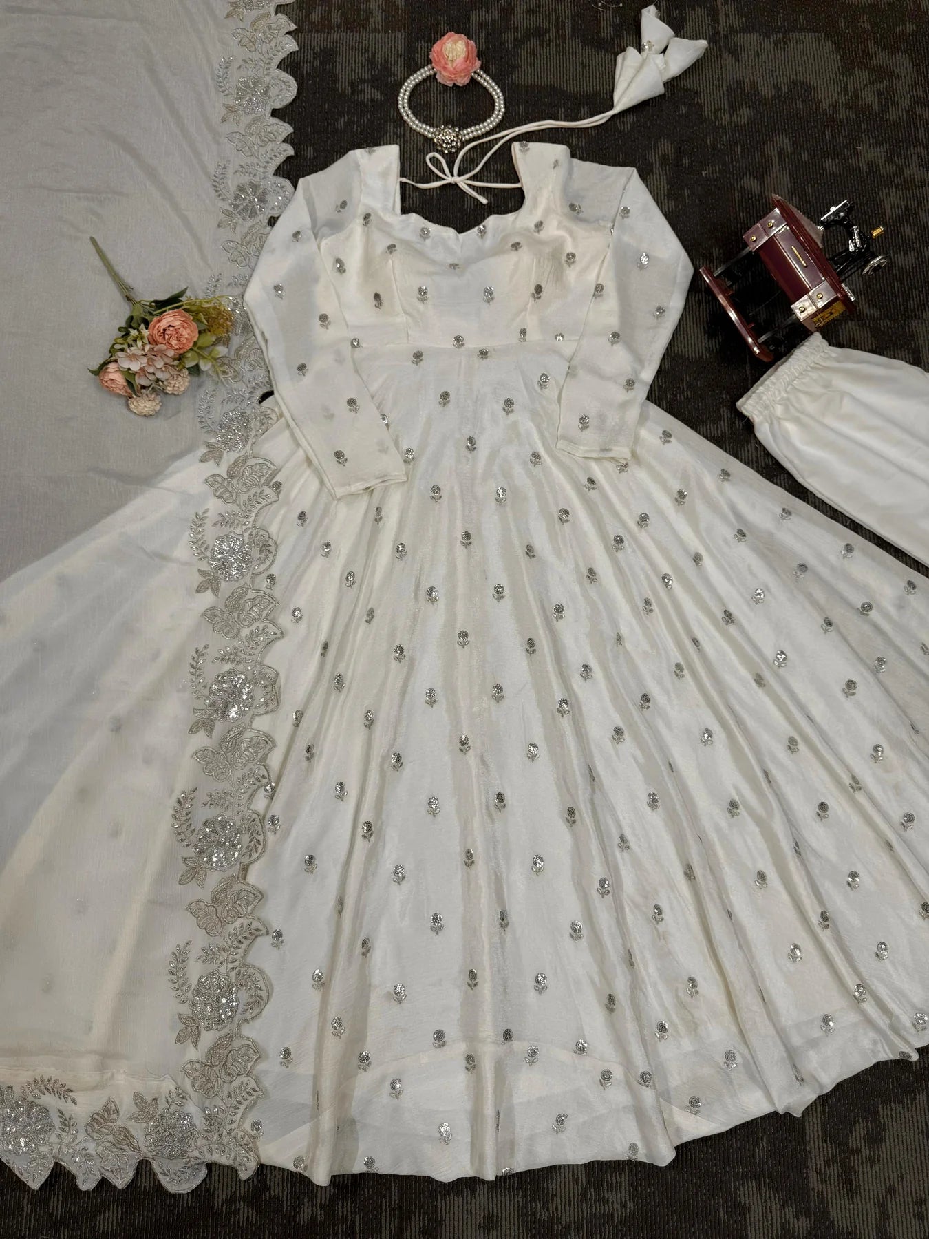 Designer Anarkali On Chinon Fabric with inner and Thread & Sequins Work and Pant