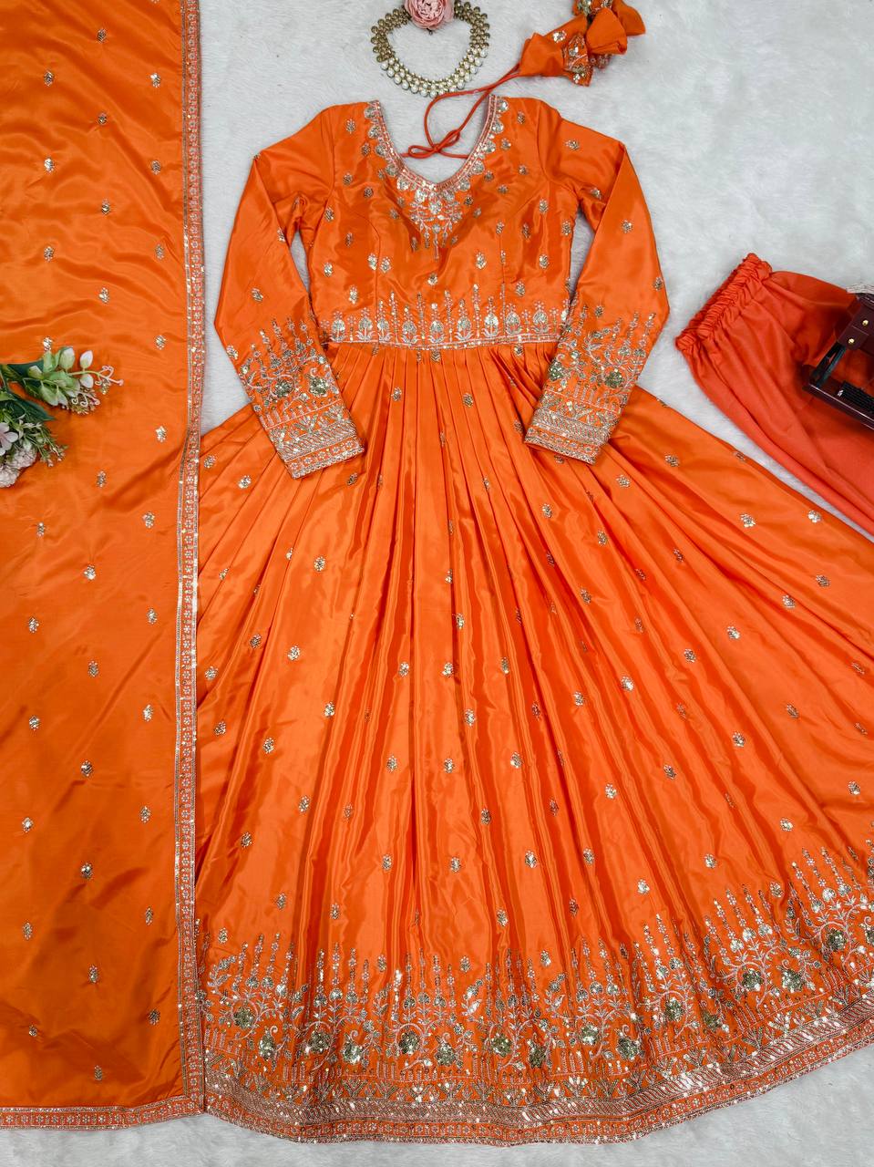 Attractive Sequins Work Orange Color Gown