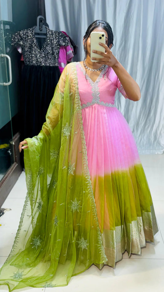 pink and green silver borders adding elegance paired with heavy embroidery dupatta