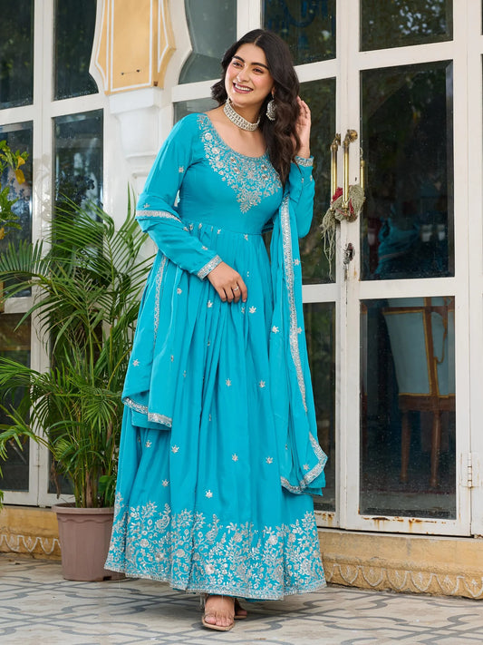 Fantastic sequins Work Sky Blue Color Gown