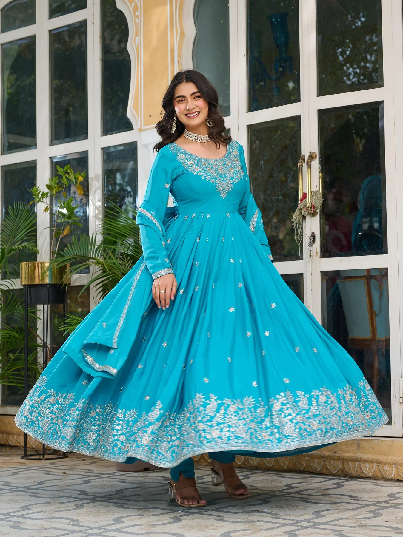Fantastic sequins Work Sky Blue Color Gown