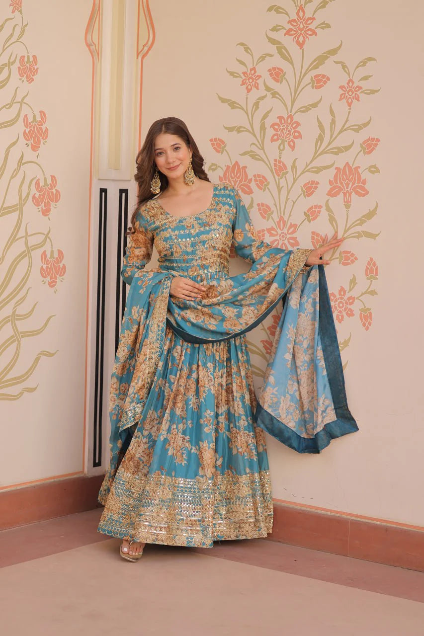Designer Readymade Gown-Dupatta With Work