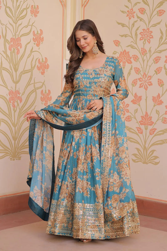 Designer Readymade Gown-Dupatta With Work