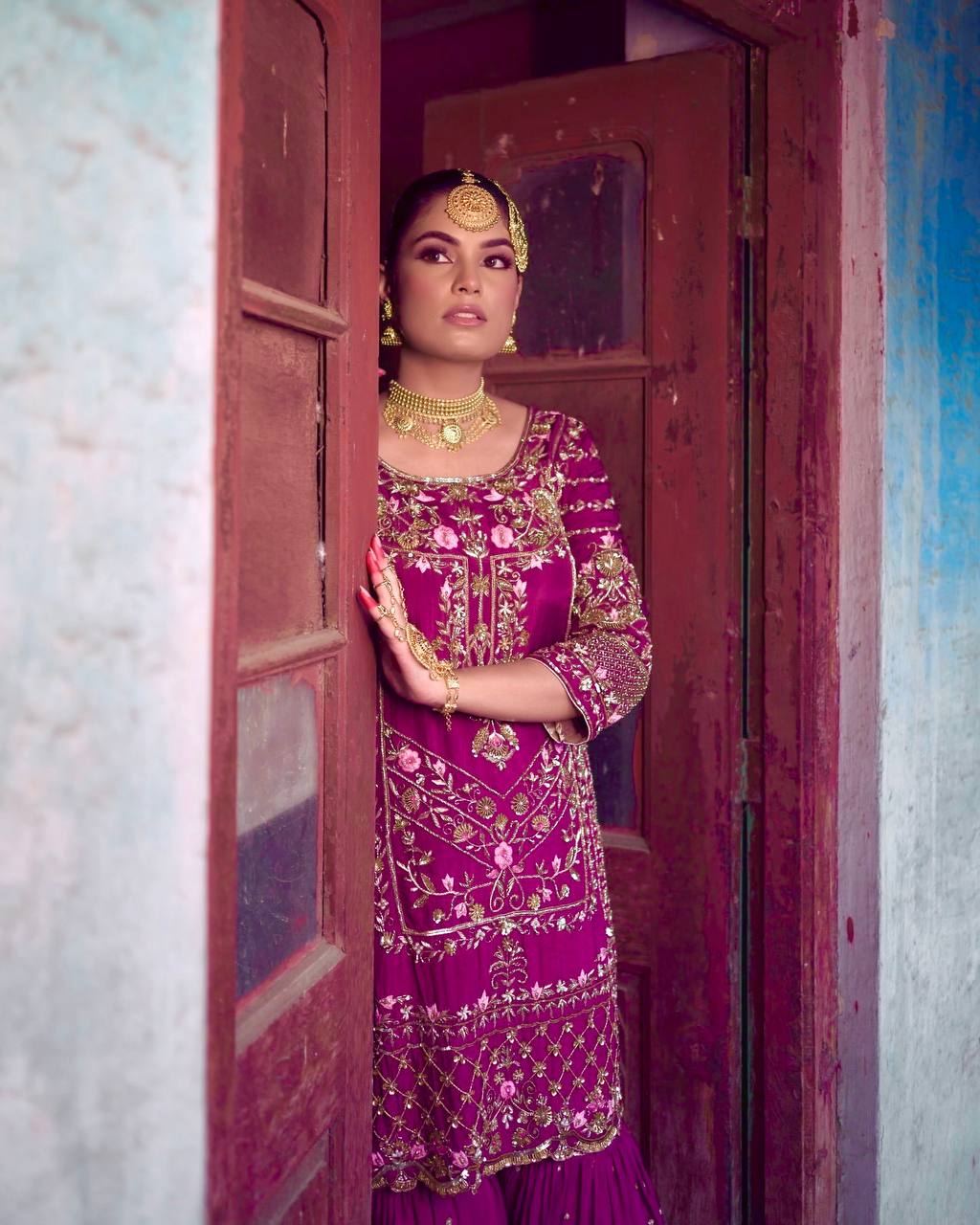 Captivating Chinon Silk Wine Color Sharara Suit