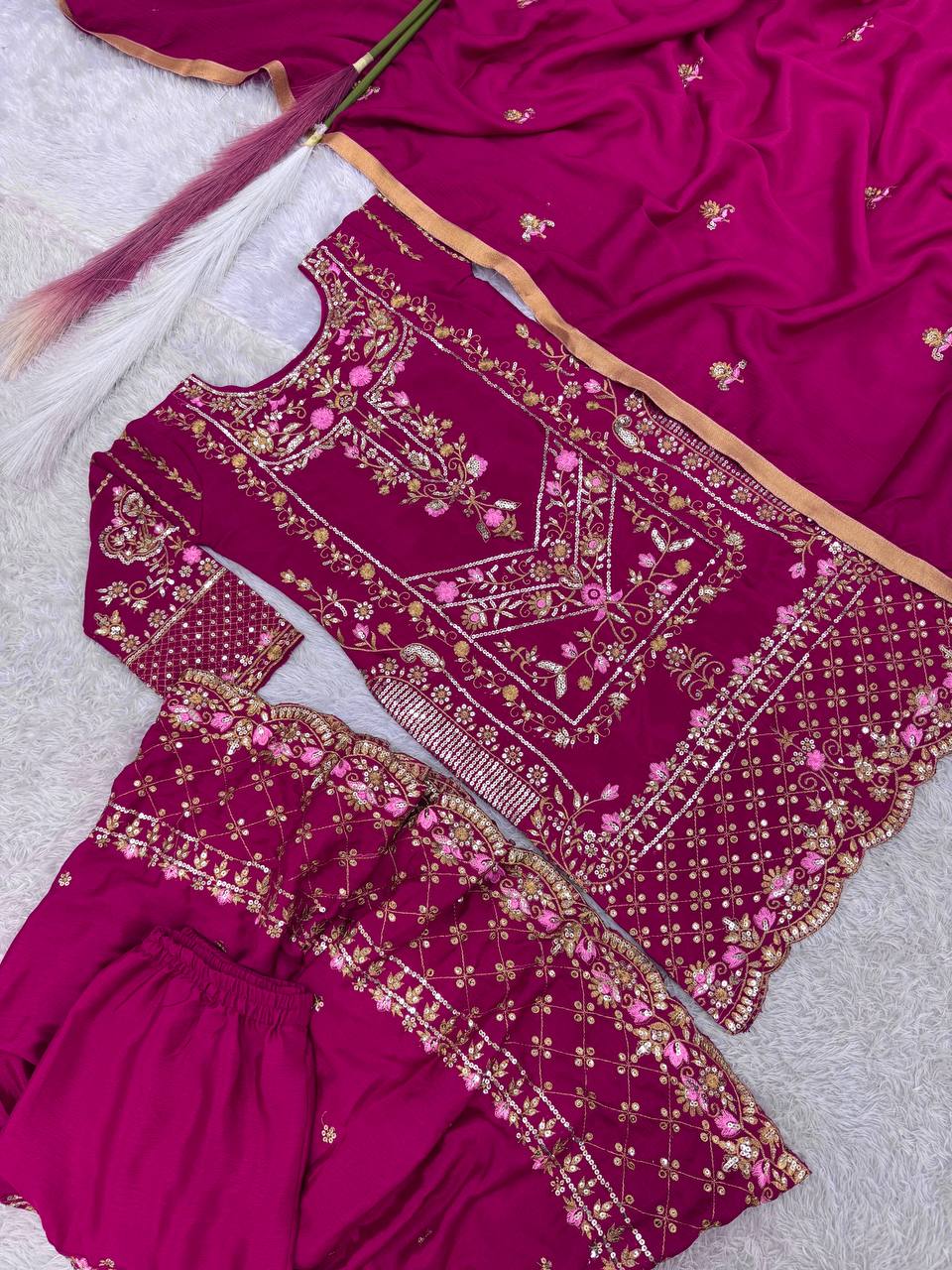 Captivating Chinon Silk Wine Color Sharara Suit