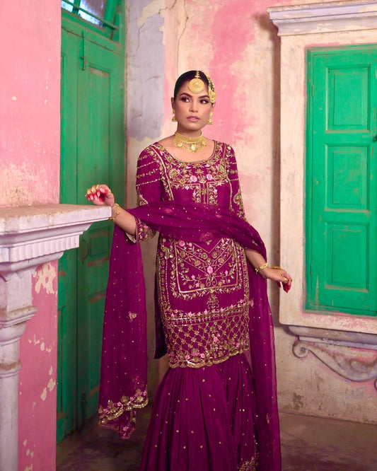 Captivating Chinon Silk Wine Color Sharara Suit