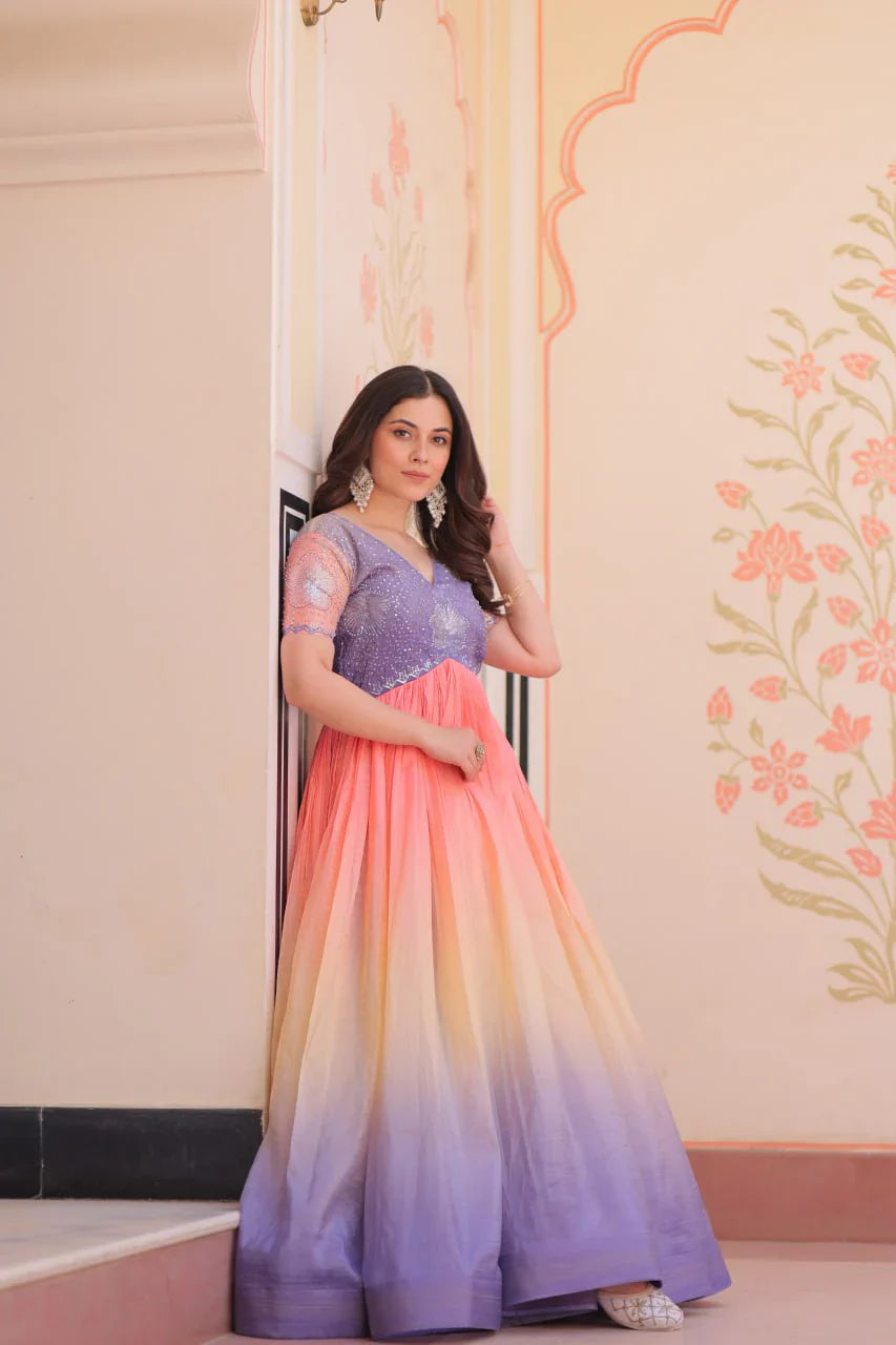 Fantastic Embroidered Work Shaded Lavender Color Gown