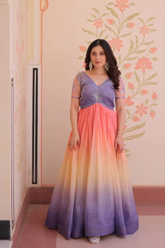 Fantastic Embroidered Work Shaded Lavender Color Gown