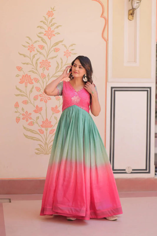 Fantastic Embroidered Work Shaded Pink Color Gown