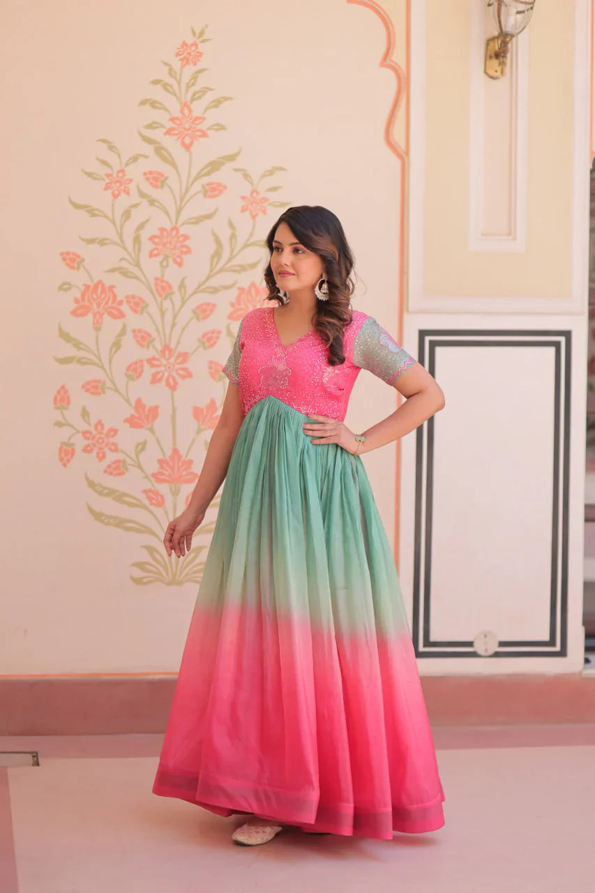 Fantastic Embroidered Work Shaded Pink Color Gown