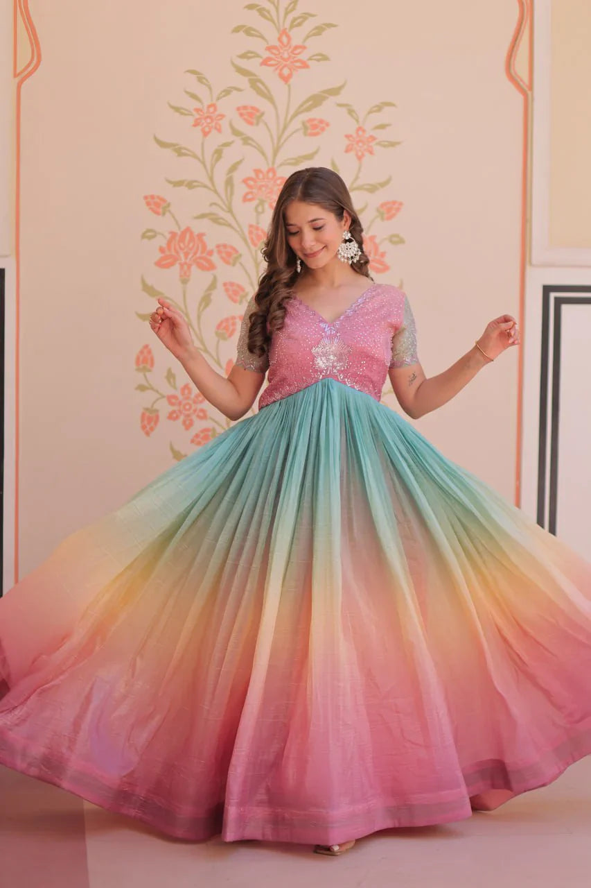 Fantastic Embroidered Work Shaded Light Pink Color Gown