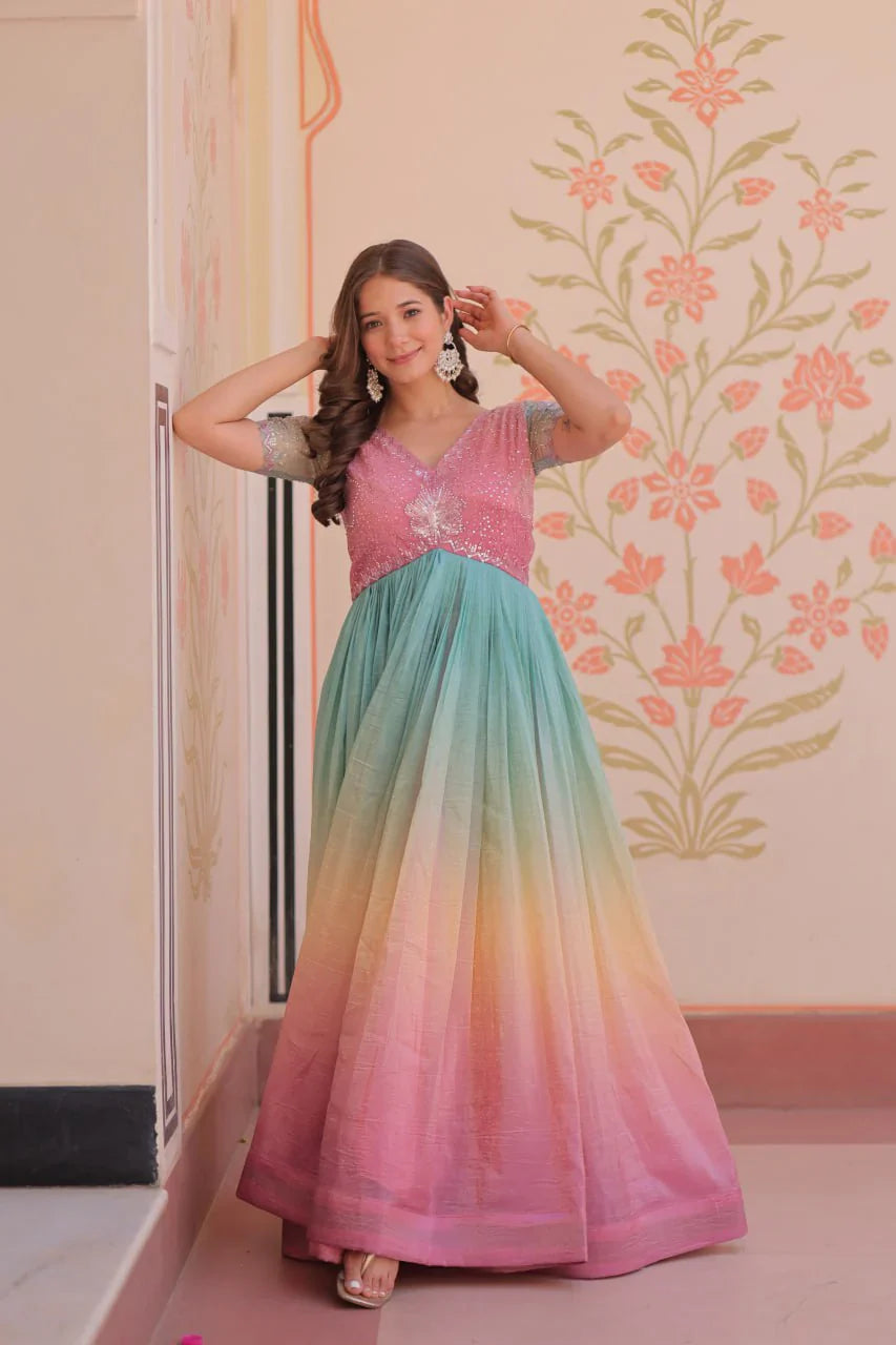 Fantastic Embroidered Work Shaded Light Pink Color Gown