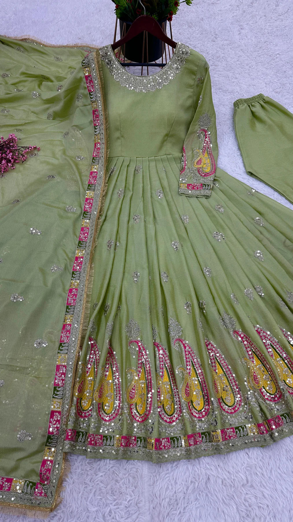Embellished Sequins Work Pista Color Gown