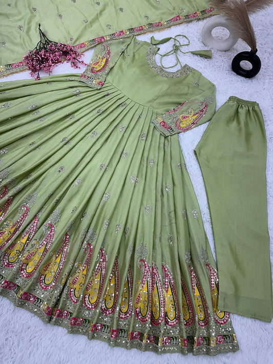 Embellished Sequins Work Pista Color Gown