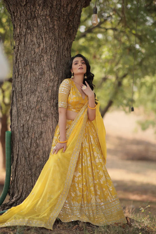 Wedding Wear Yellow Color Jacquard Embroidered Sequins Work Lehenga Choli