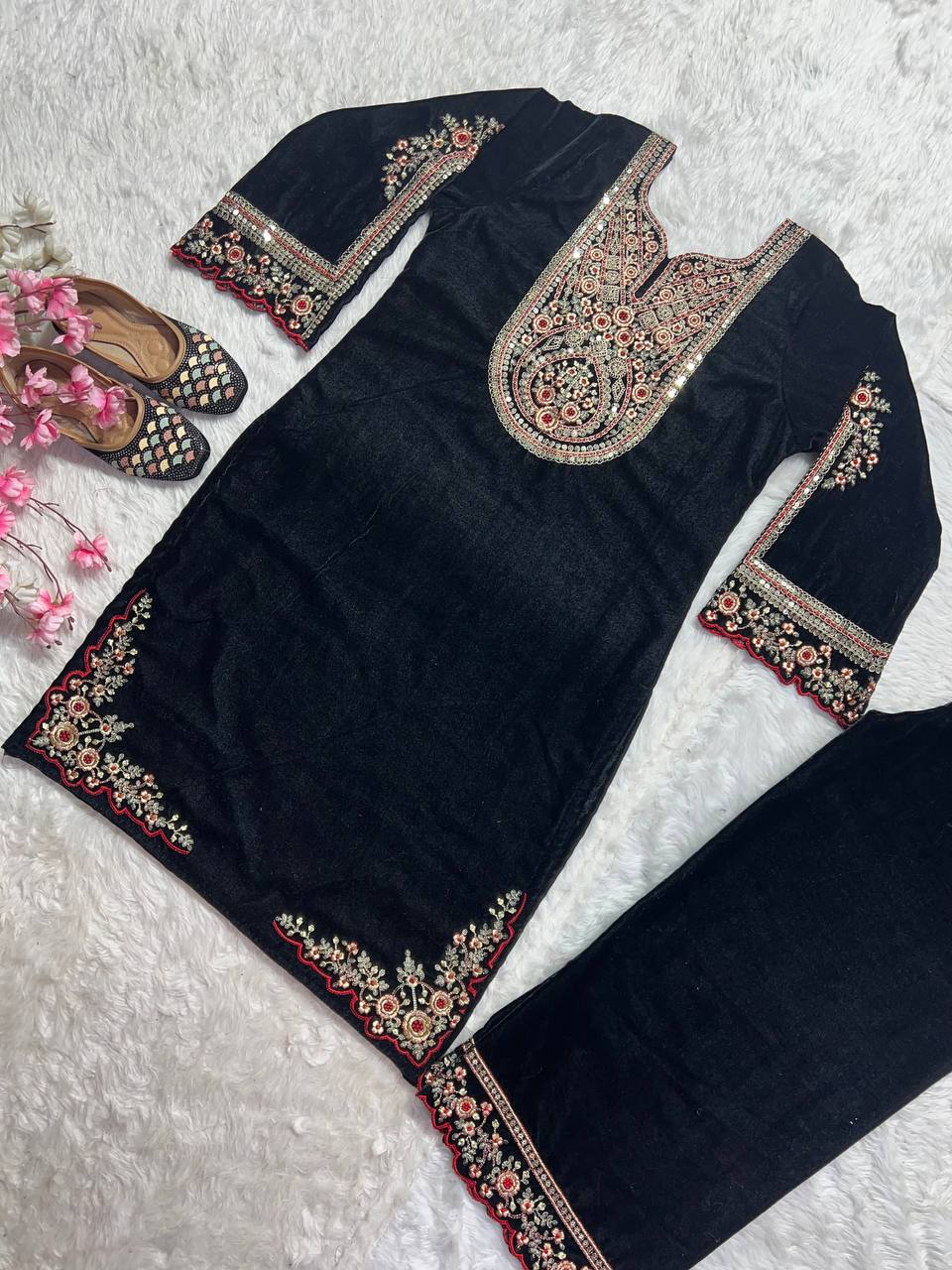 Fantastic Green Color Velvet Embroidery Work Salwar Suit