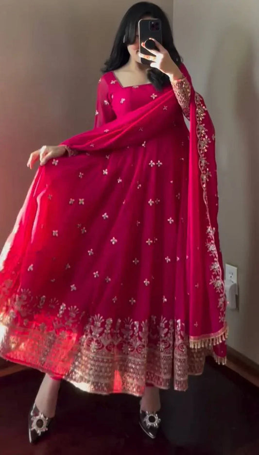 Captivating Embroidery Work Pink Color Anarkali Suit