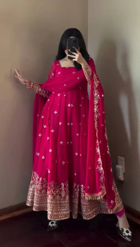 Captivating Embroidery Work Pink Color Anarkali Suit