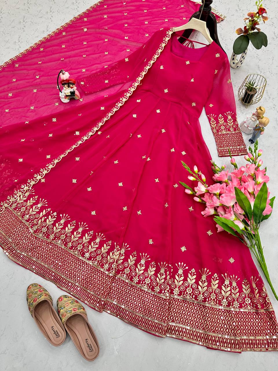 Captivating Embroidery Work Pink Color Anarkali Suit