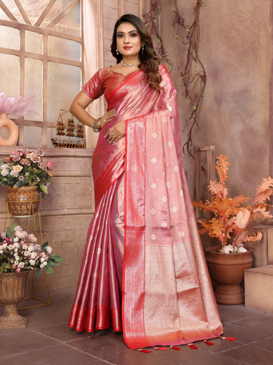Pattern Wedding & Party Wear Tissue Silk Light Pink Color Saree