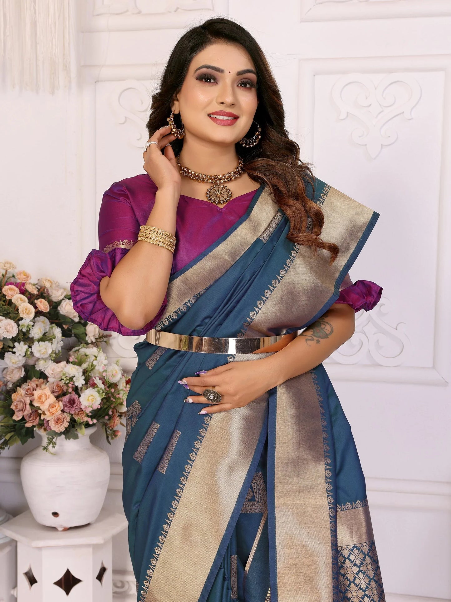 Attractive Soft Silk Navy Blue Color Saree