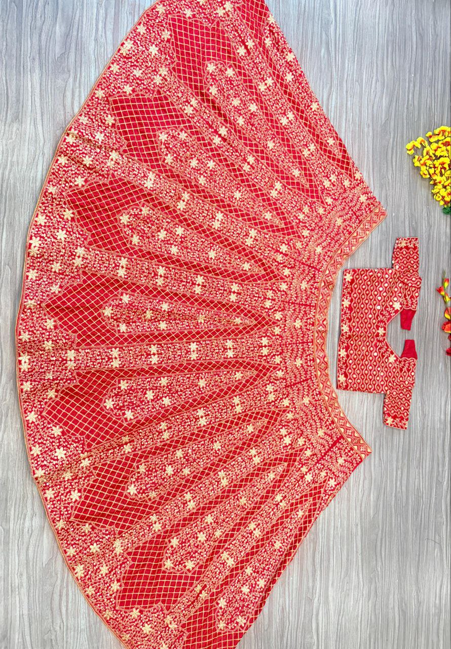 '-50%   Exotic Malai Satin Jari Work Bridal Red Color Lehenga Choli