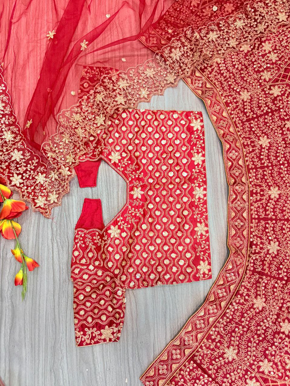 '-50%   Exotic Malai Satin Jari Work Bridal Red Color Lehenga Choli