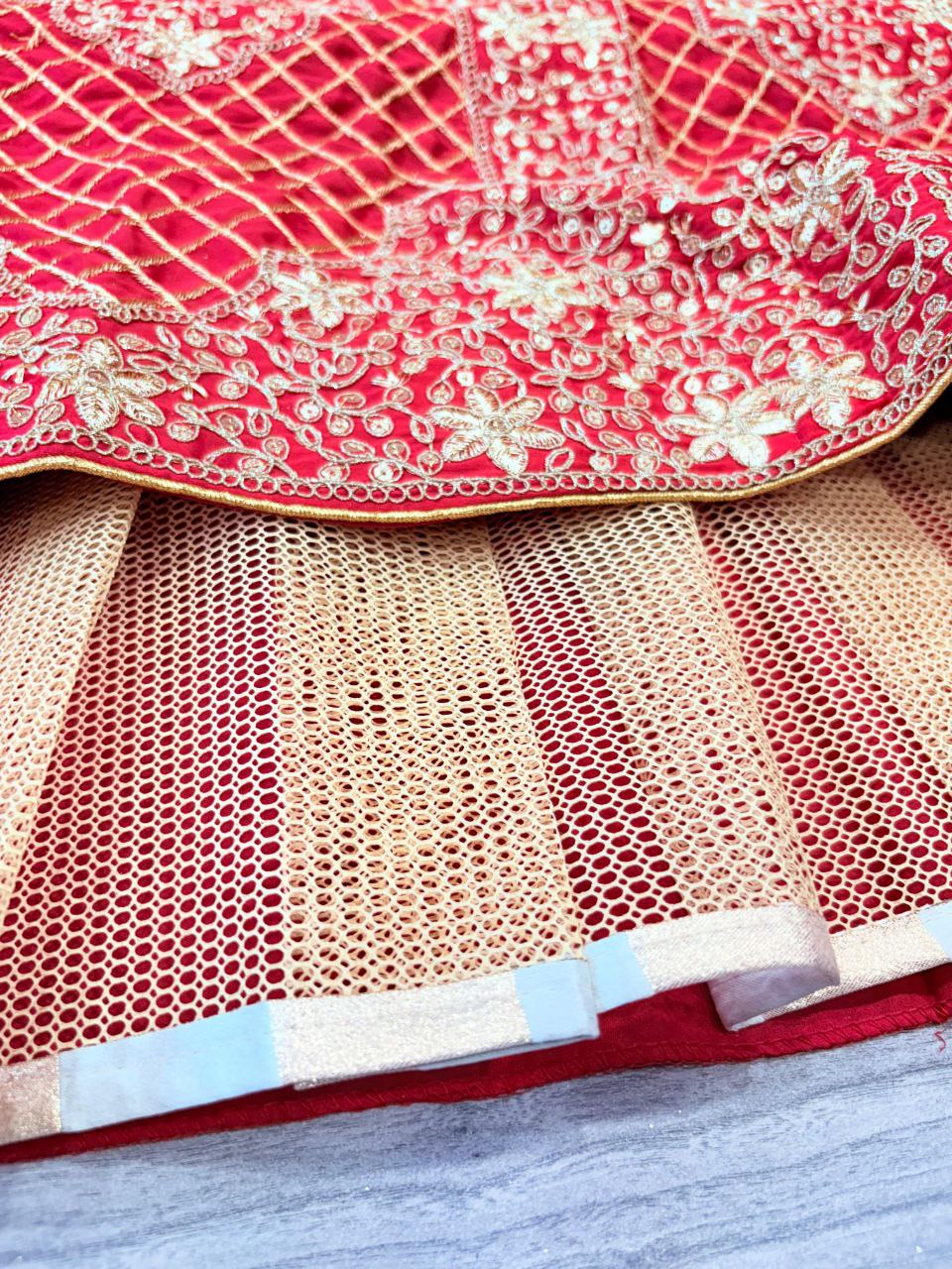 '-50%   Exotic Malai Satin Jari Work Bridal Red Color Lehenga Choli