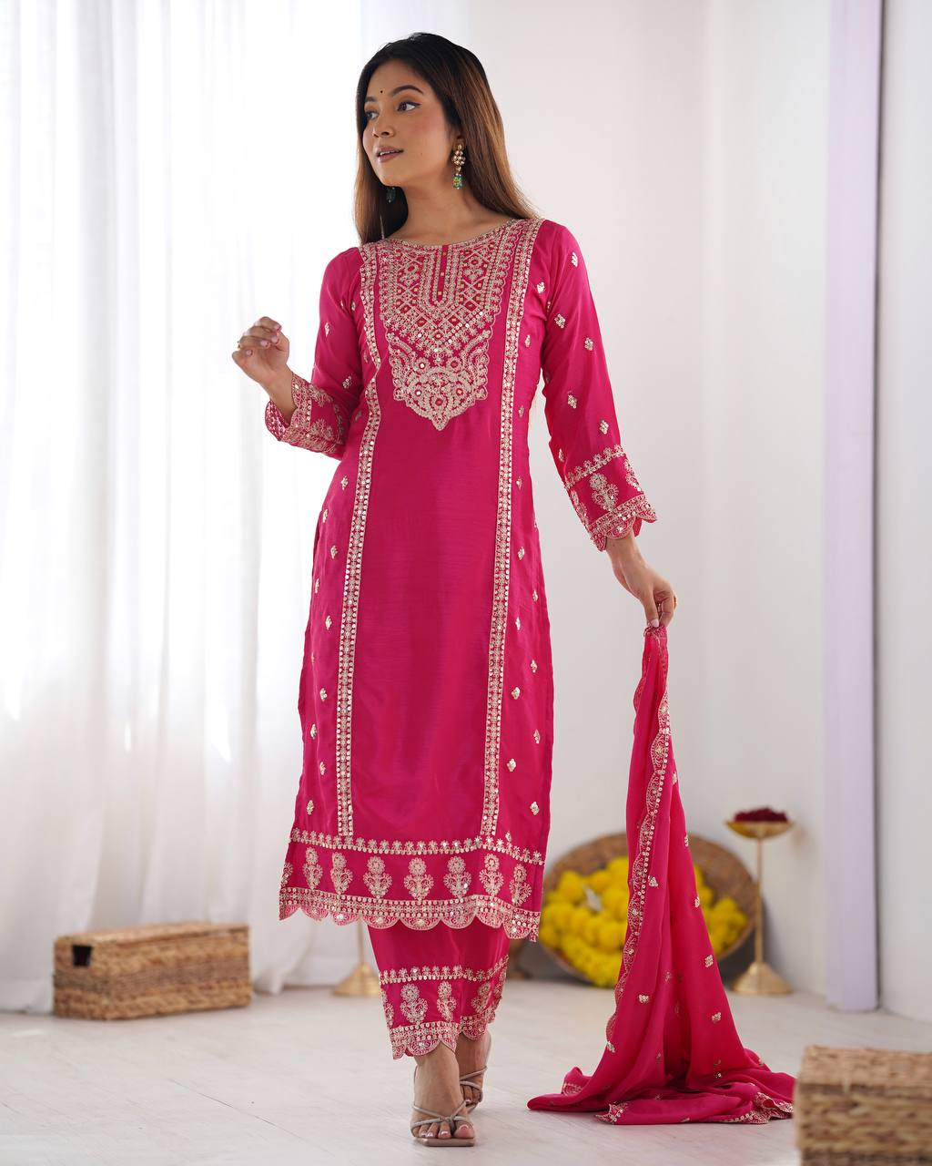 Fabulous Real Mirror Khatli Work Pink Color Salwar Suit
