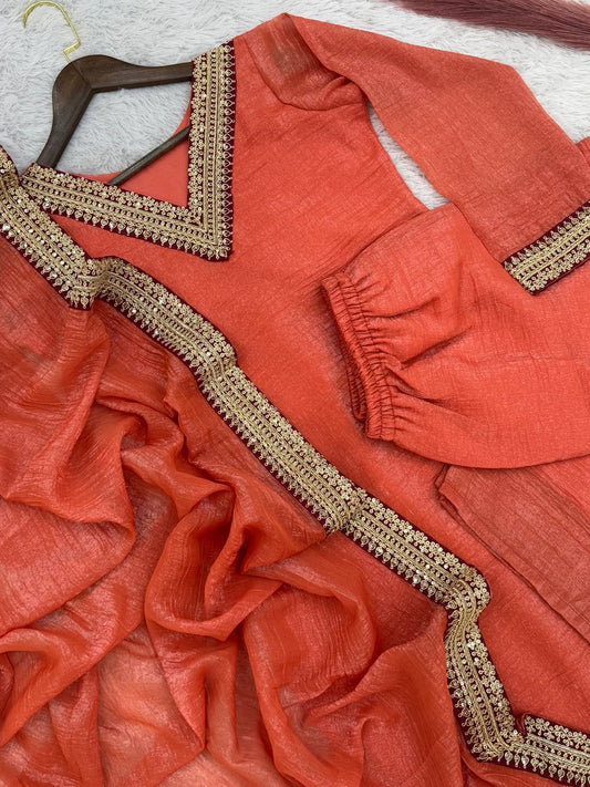 Amazing Soft Gold Crush Silk Orange Color Palazzo Suit
