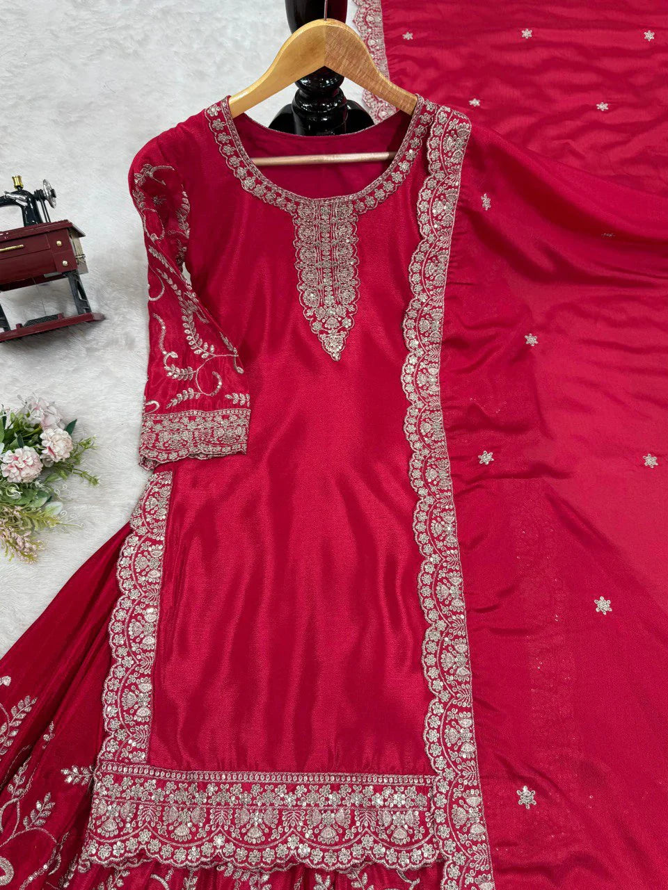 Elegant Red Color Chinon Silk Sharara Suit