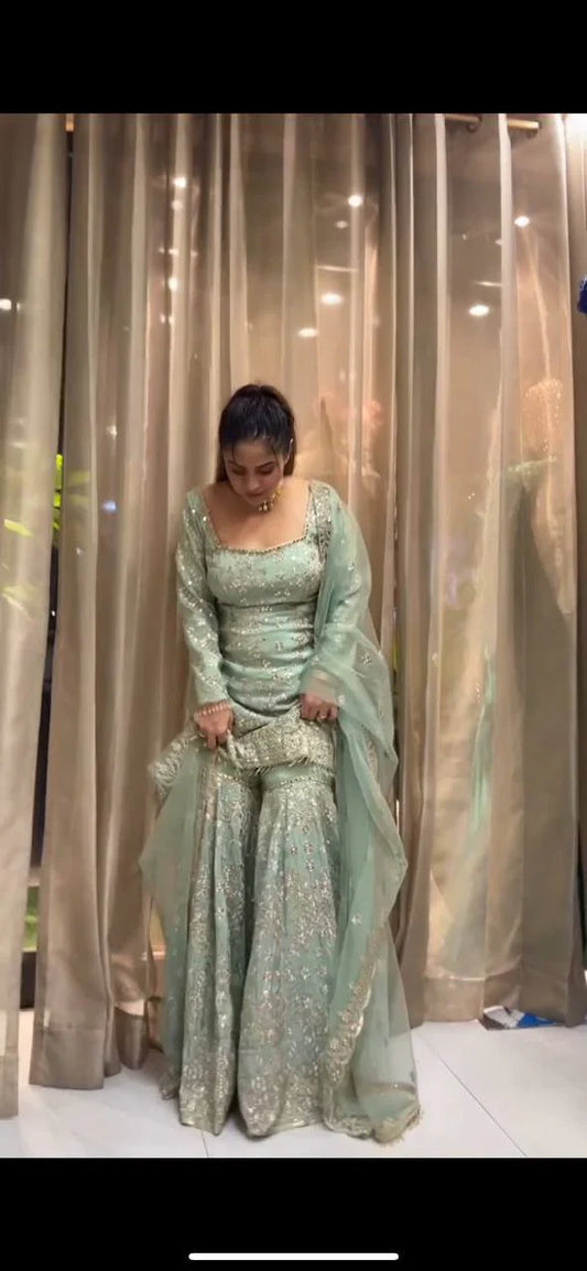 '-50%   Wonderful Aqua Green Color Embroidery Work Sharara Suit