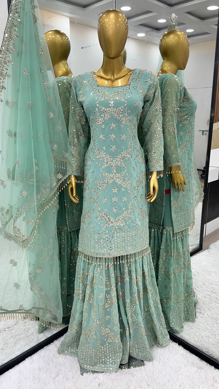 '-50%   Wonderful Aqua Green Color Embroidery Work Sharara Suit