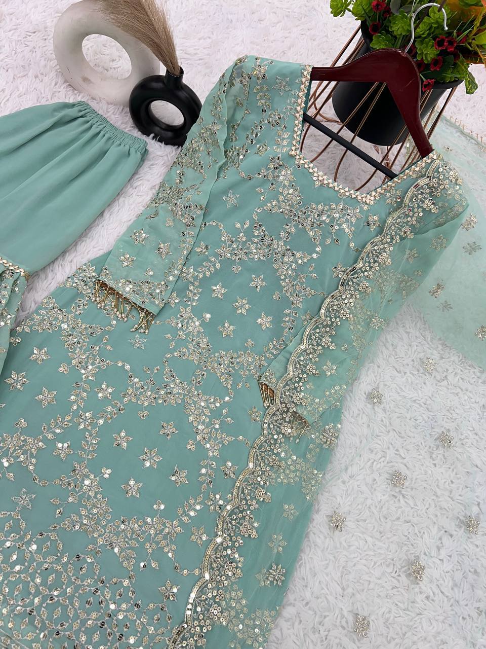 '-50%   Wonderful Aqua Green Color Embroidery Work Sharara Suit