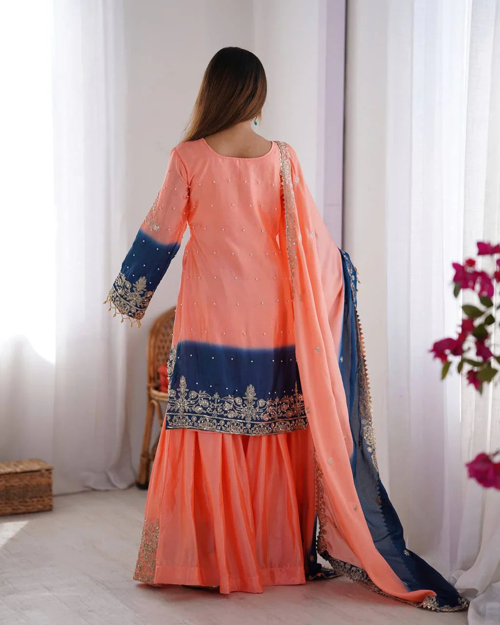Good Looking Chinon Silk Rivet Moti Peach Color Sharara Suit