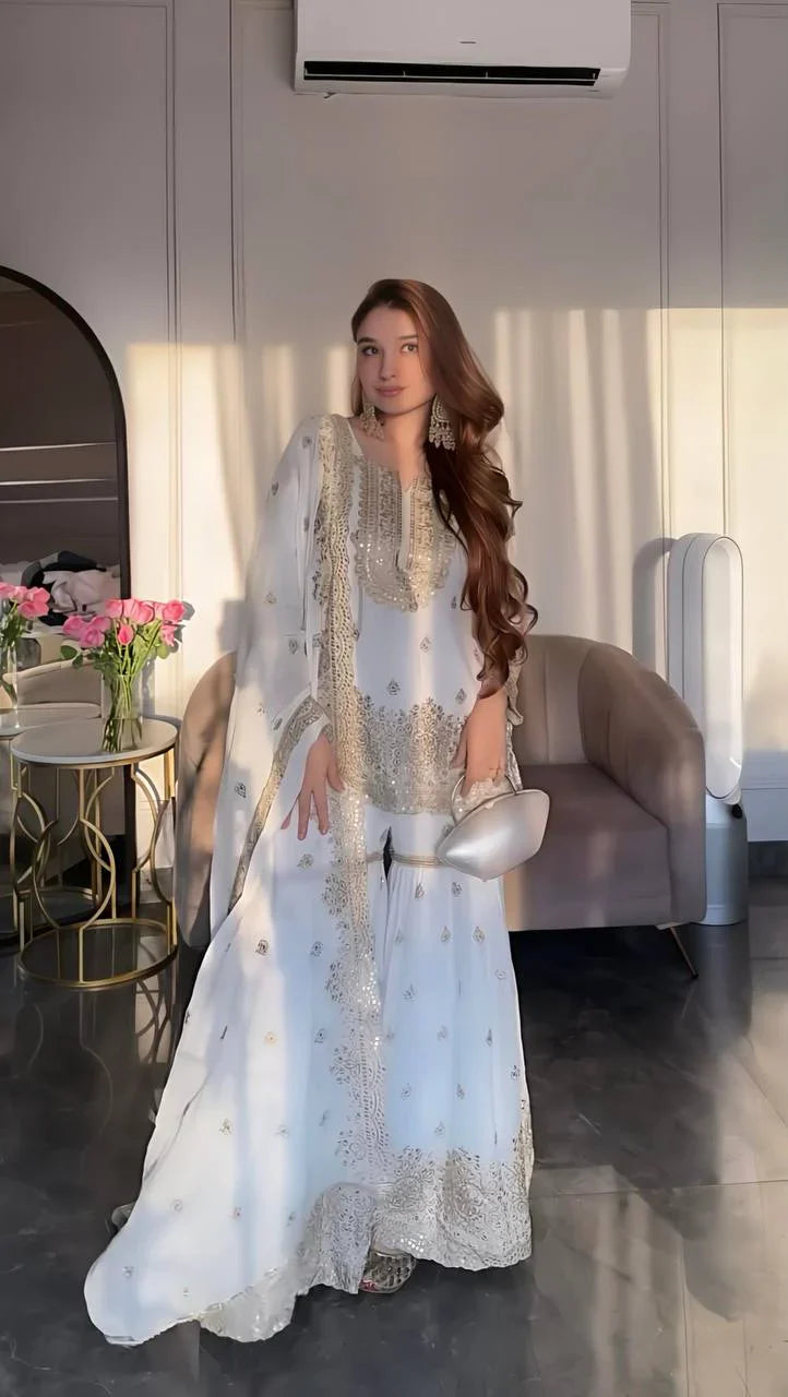 Glossy Chinnon Silk White Color Sharara Suit