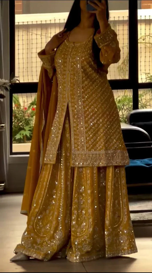 Outstanding Sequence Work Mustard Color Sharara Suit
