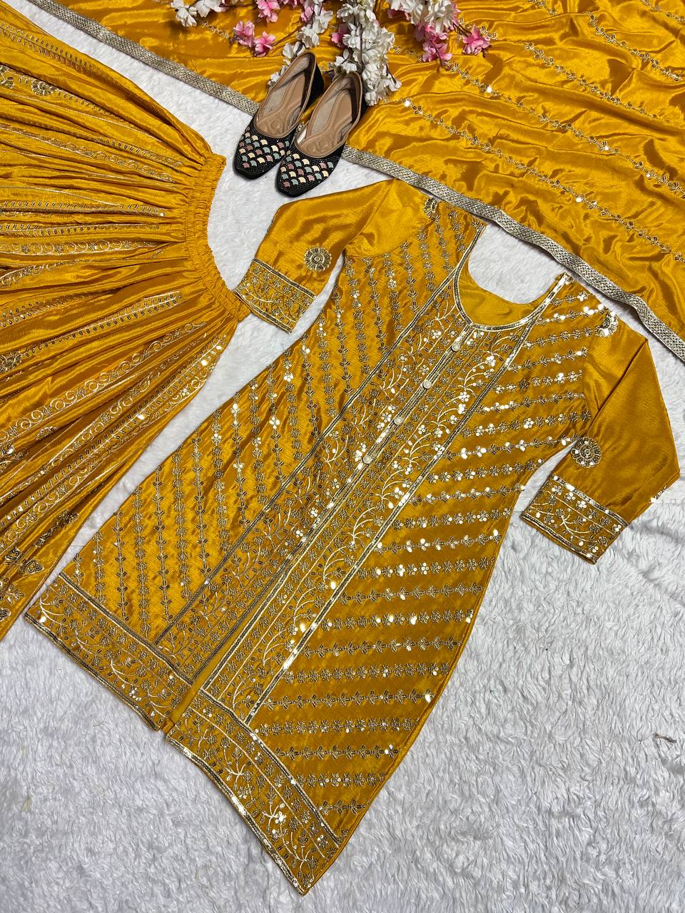 Outstanding Sequence Work Mustard Color Sharara Suit
